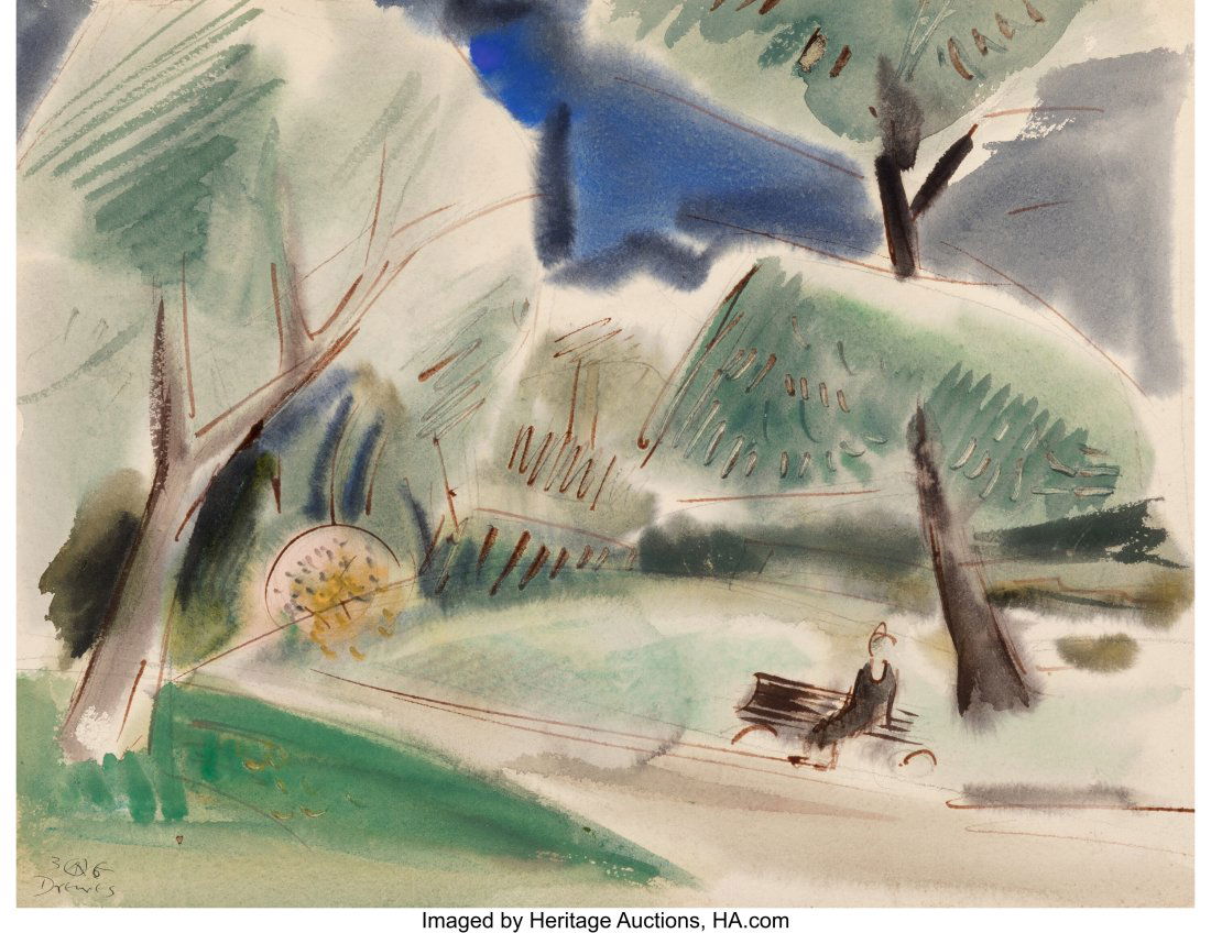 Werner Drewes (American, 1899-1985) In The Prosp: Werner Drewes (American, 1899-1985) In The Prospect Park, 1936 Watercolor on paper 10 x 11-7/8 inches (25.4 x 30.2 cm) (sight) Signed and da