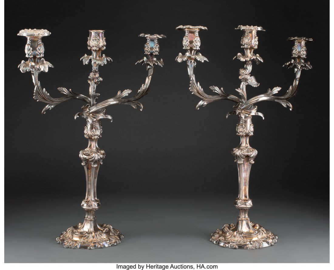 A Pair of Louis XV-Style Silver-Plated Candelabr: A Pair of Louis XV-Style Silver-Plated Candelabra Convertible to Candlesticks, early 20th century 21 x 18 x 6-1/2 inches (53.3 x 45.7 x 16.5 cm) Three-light ca