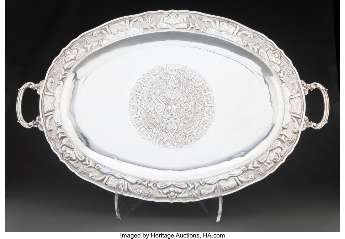 A Large Maciel Aztec Calendar Silver Tray, Mexic (1 of 4)