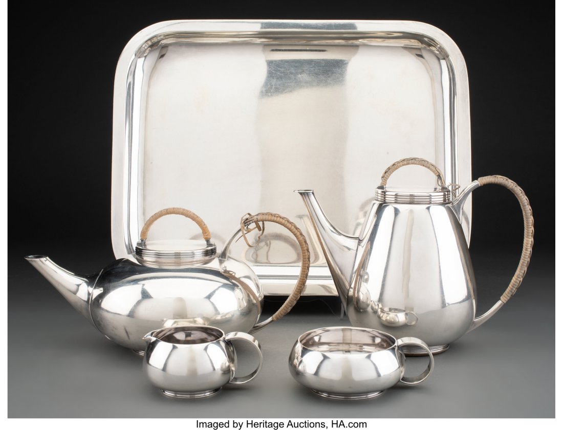 A Five-Piece Svend Weihrauch Silver Tea and Coff: A Five-Piece Svend Weihrauch Silver Tea and Coffee Service with Tray for Frantz Hingelberg, Aarhus, Denmark, mid-20th century Marks: (crown), F. HINGELBE