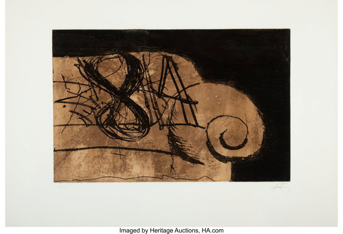 Antoni Tapies (1923-2012) Sofa, 1982 Etching, aq: Antoni Tapies (1923-2012) Sofa, 1982 Etching, aquatint, and carborundum in colors on wove paper 24-5/8 x 35-5/8 inches (62.5 x 90.5 cm) &lpa