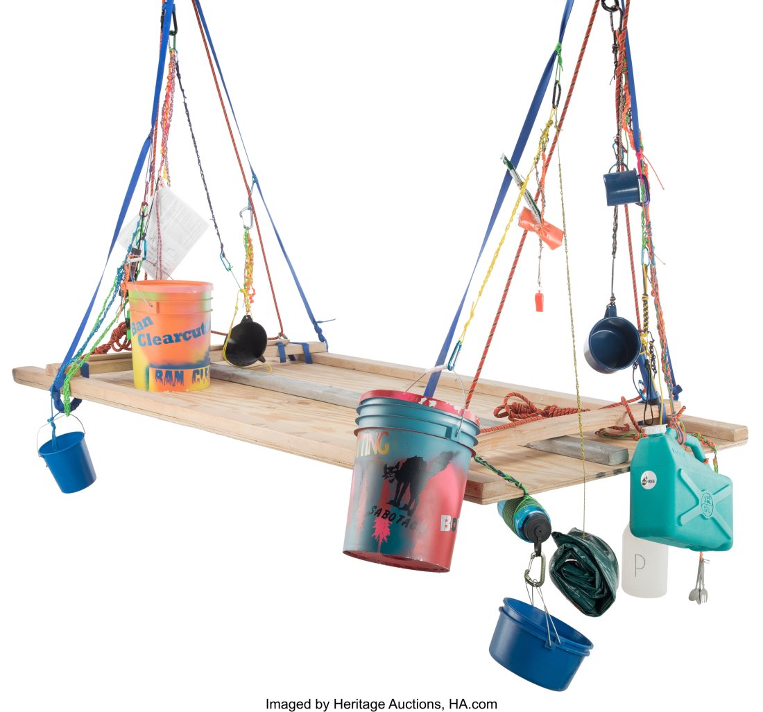 Andrea Bowers (b. 1965) Sitting Platform (Save O: Andrea Bowers (b. 1965) Sitting Platform (Save Our Last Wild Spaces), 2012 Painted wooden platform with nylon ropes 4 x 96 x 48 inches (10.2 x 243.8 x 121.9 cm) Signed and dated on the underside: Andr