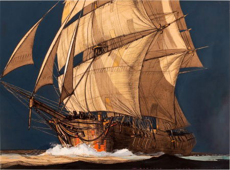 ROWLAND HILDER (American/British, 1905-2005) Shi: ROWLAND HILDER (American/British, 1905-2005)Ship in Full Sail, 1930Charcoal