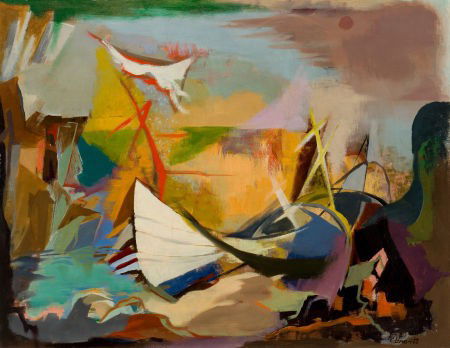CYNTHIA BRANTS (American, 1924-2006) Abstract La: CYNTHIA BRANTS (American, 1924-2006)Abstract Landscape with BoatOil on canv