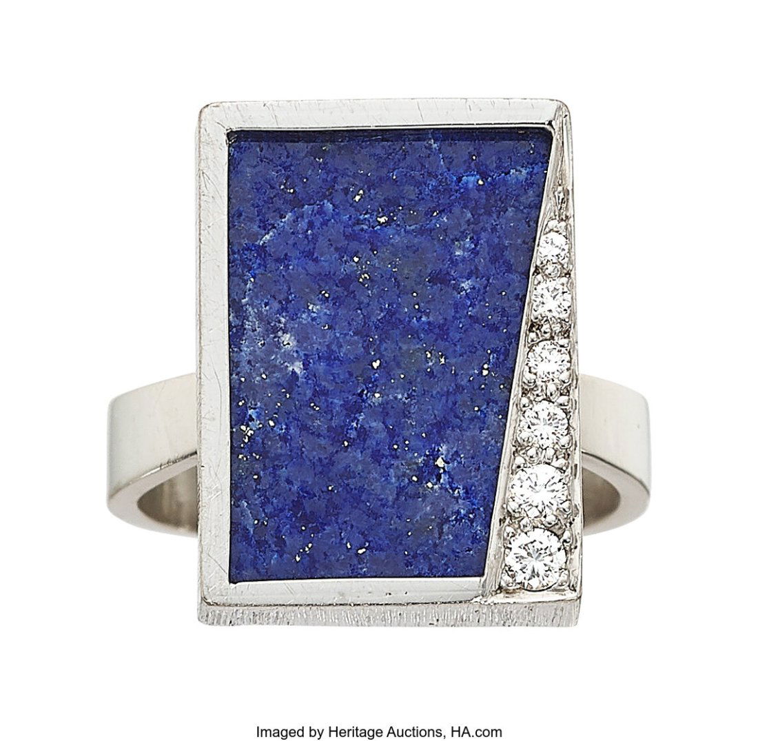 Andrew Grima Lapis Lazuli, Diamond, White Gold: Andrew Grima Lapis Lazuli, Diamond, White Gold Ring, English, circa 1980 Stones: Lapis lazuli tablet; full-cut diamonds Metal: 18k white gold Marked: Gri