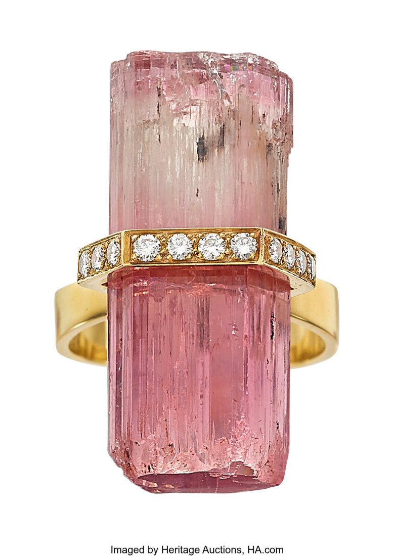 Andrew Grima Pink Tourmaline, Diamond, Gold Rin: Andrew Grima Pink Tourmaline, Diamond, Gold Ring, circa 1981 Stones: Pink tourmaline crystal; full-cut diamonds weighing a total of approximately 0.30 carat Metal&c
