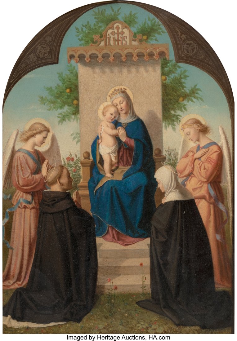 Attributed to Andreas Johann Jacob Müller (Germ: Attributed to Andreas Johann Jacob Müller (German, 1811-1890) The Virgin and Child Enthroned with adoring angels and saints, circa 1870 Oil on canvas 16 x 11-1/4 inches