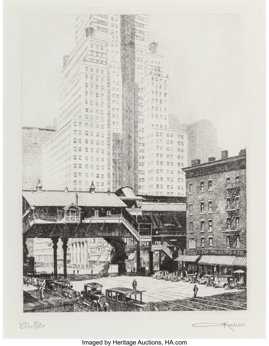 Otto Kuhler (1894-1976) Third Avenue "EL" at 42n: Otto Kuhler (1894-1976) Third Avenue "EL" at 42nd St. and New York Stock Exchange (two works), 1928/29 Etchings on wove paper 10-1/4 x 7-3/4 inches (2