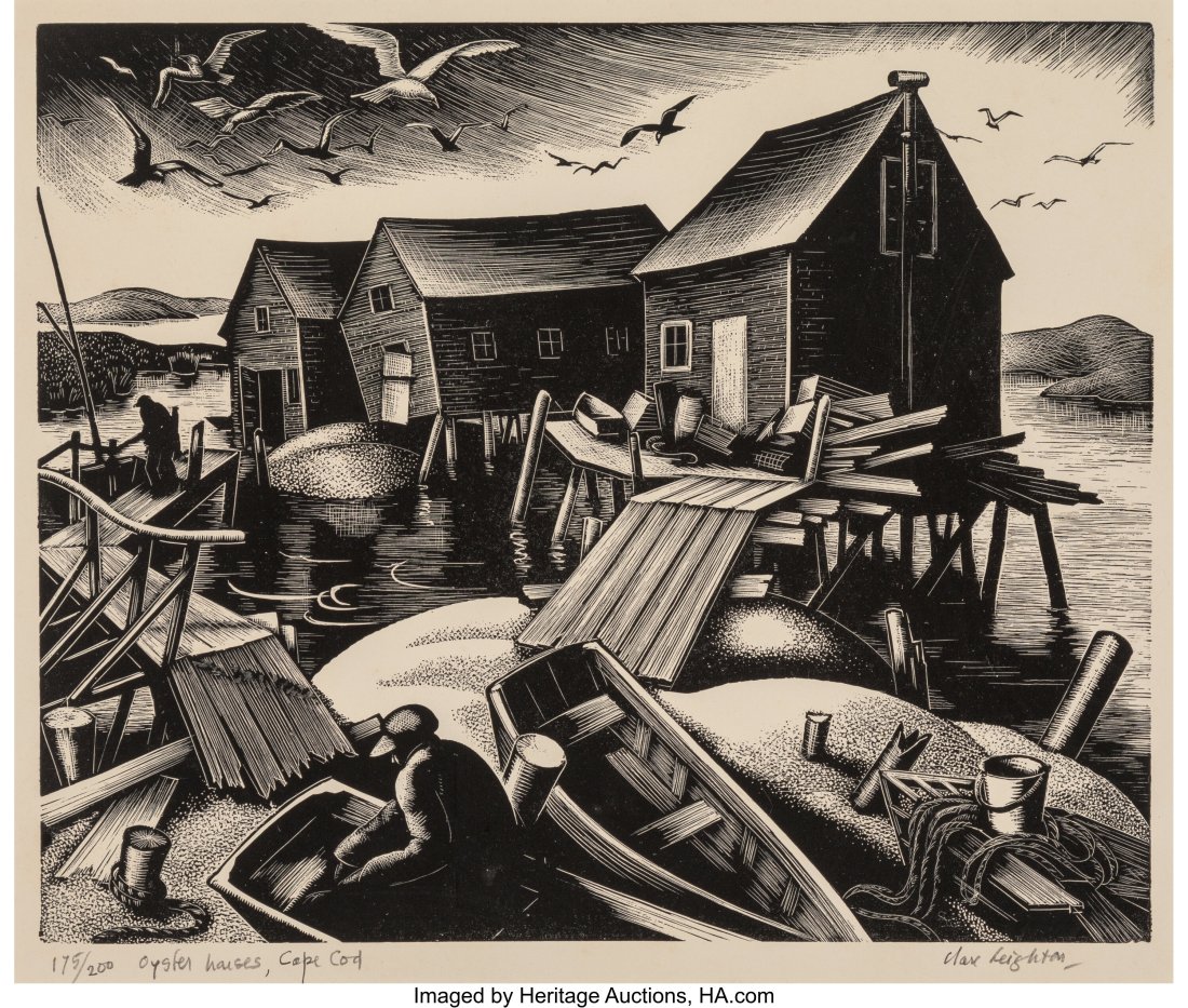 Clare Leighton (1898-1989) Oyster Houses, Cape C: Clare Leighton (1898-1989) Oyster Houses, Cape Cod, 1948-53 Wood engraving on paper 10-1/4 x 13 inches (26 x 33 cm) (sheet) Ed. 175/200 Signed&