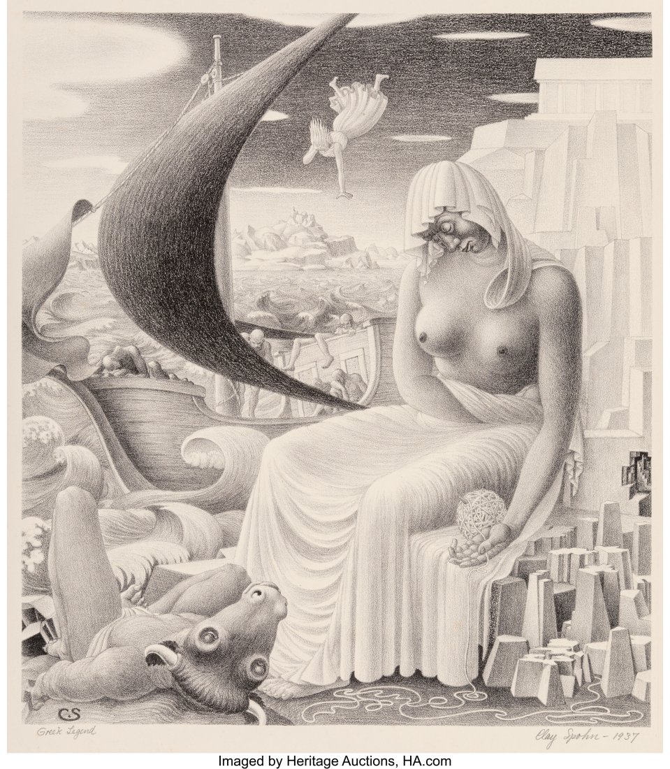 Clay Edgar Spohn (1898-1977) Greek Legend, 1937: Clay Edgar Spohn (1898-1977) Greek Legend, 1937 Lithograph in colors on paper 13 x 11-1/2 inches (33.0 x 29.2 cm) (image) Signed, dated&comm