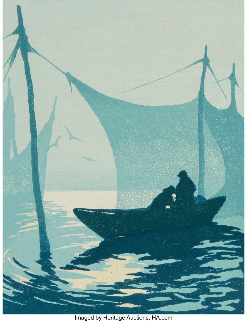 Tod Lindenmuth (1885-1976) Morning at the Weir,: Tod Lindenmuth (1885-1976) Morning at the Weir, 1930 Linocut in colors on Japon paper 18-1/8 x 15-7/8 inches (46 x 40.3 cm) (sheet) Signed and titled