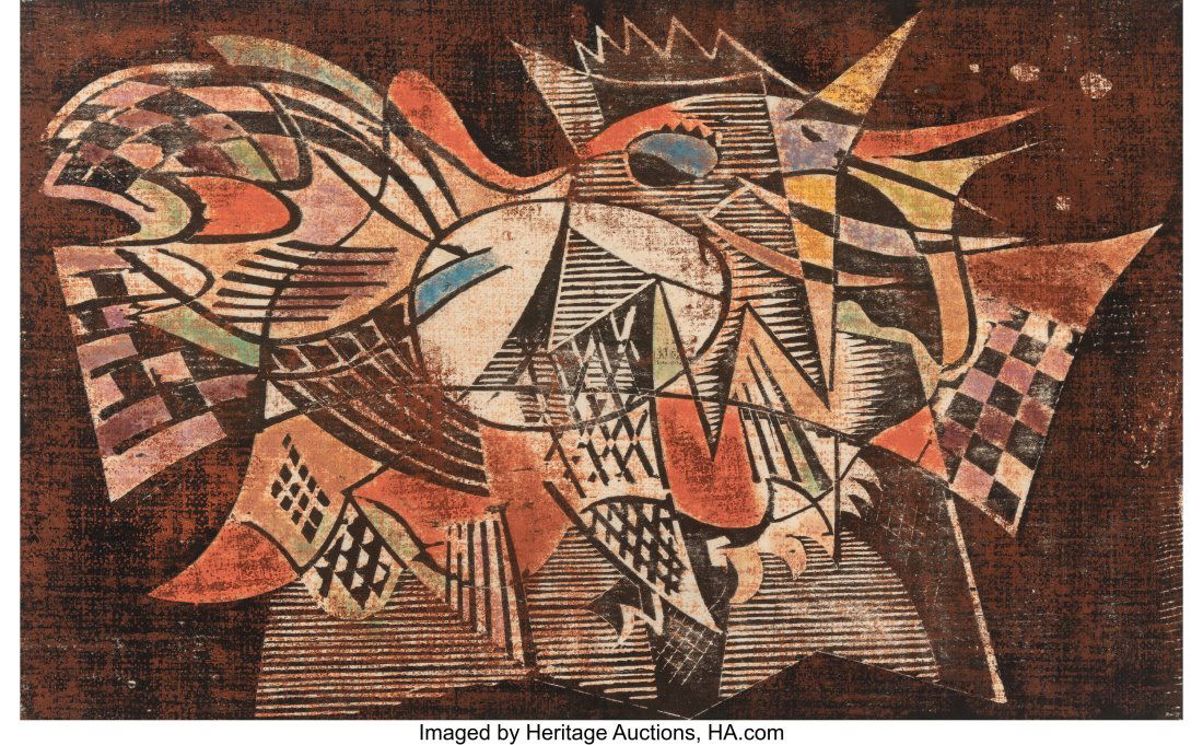 Werner Drewes (1899-1985) The Jealous Cock II, 1: Werner Drewes (1899-1985) The Jealous Cock II, 1944 Woodcut in colors on Japanese paper 11-1/2 x 18 inches (29.2 x 45.7 cm) (image) Proof Signed a