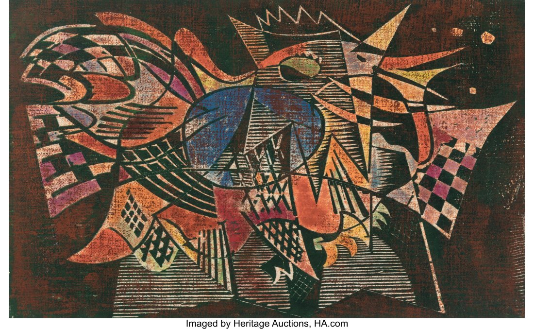 Werner Drewes (1899-1985) The Jealous Cock II, 1: Werner Drewes (1899-1985) The Jealous Cock II, 1944 Woodcut in colors on Japanese paper 11-1/2 x 18 inches (29.2 x 45.7 cm) (image) Proof Signed a