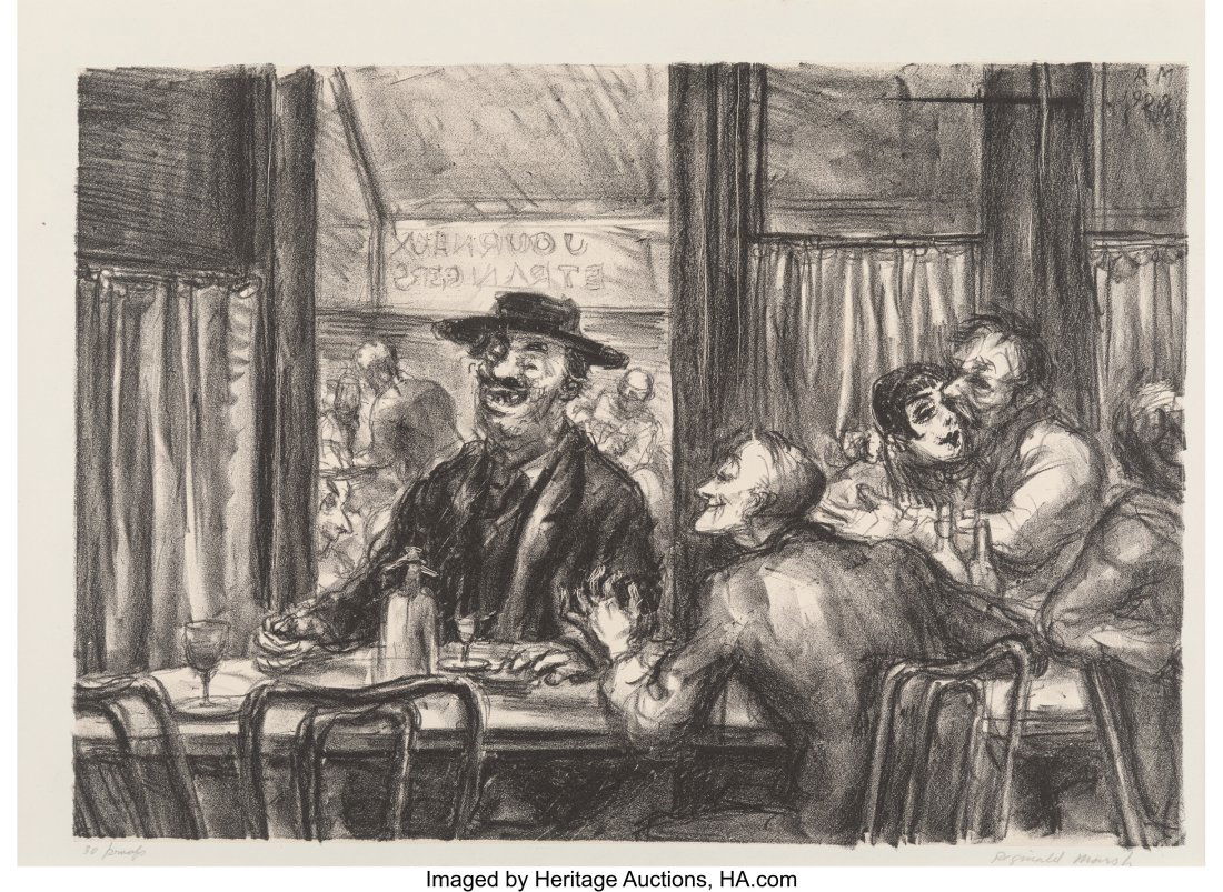 Reginald Marsh (1898-1954) Cafe Dame, 1928 Litho: Reginald Marsh (1898-1954) Cafe Dame, 1928 Lithograph with Chine collé on wove paper 12-7/8 x 19-1/4 inches (32.7 x 48.9 cm) (sheet) 30