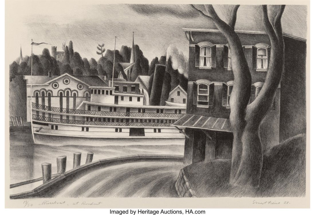 Ernest Fiene (1894-1965) Brooklyn Bridge and Riv: Ernest Fiene (1894-1965) Brooklyn Bridge and Riverboat at Rondout (two works), 1928-29 Two lithographs on wove paper 22-1/2 x 18 inches (57.2 x 45.7 cm
