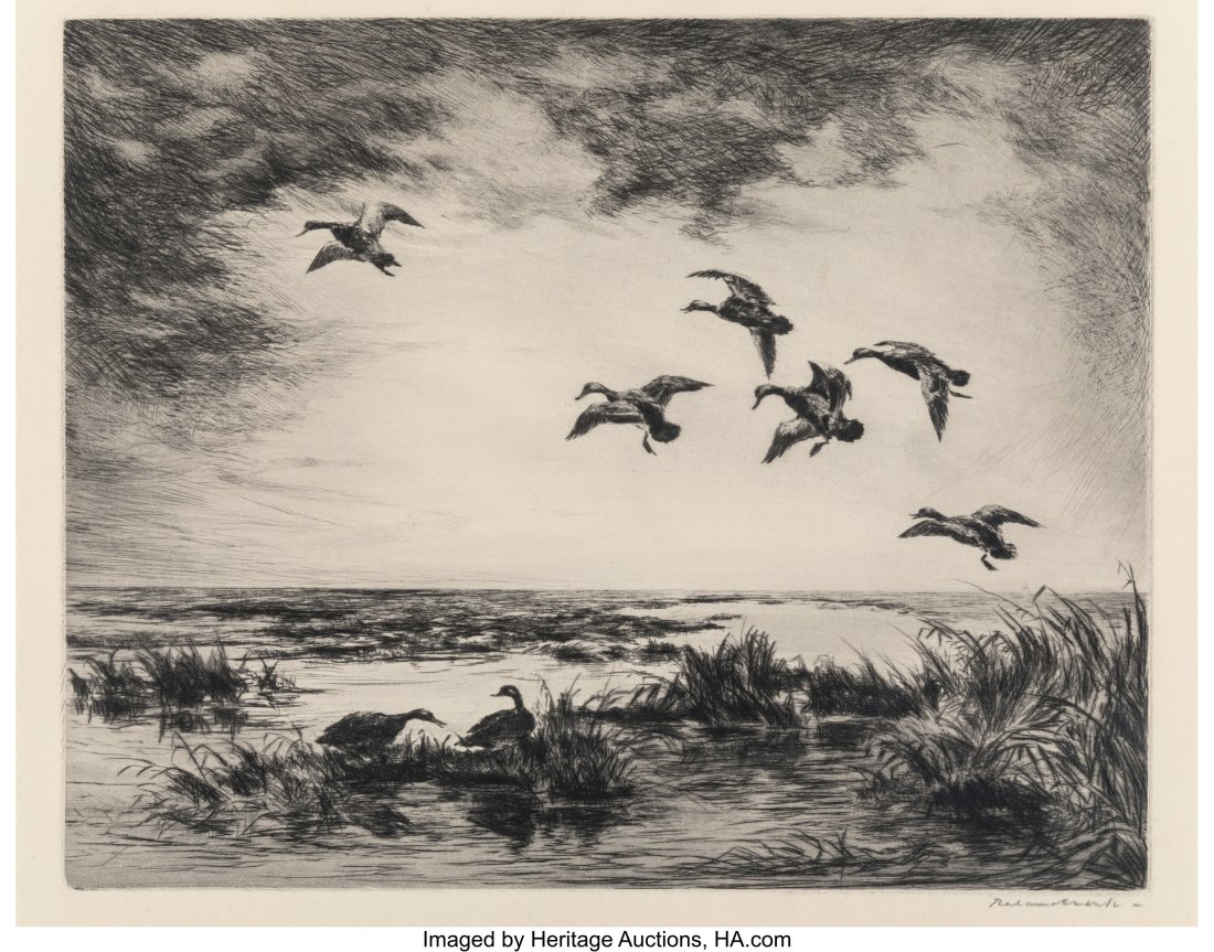 Roland Clark (1874-1957) Evening Flight, The Fee: Roland Clark (1874-1957) Evening Flight, The Feeding Ground, and Three Ducks (three works), early 20th century Three drypoints on paper 15-1/2 x 18-1/4 in