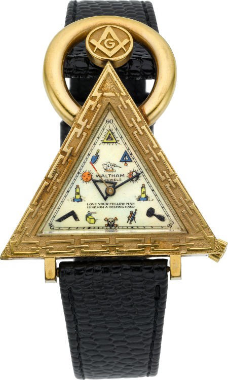 Waltham (Swiss) Masonic Wristwatch : Waltham (Swiss) Masonic Wristwatch Case: gold plate top, steel back, 40 mm across bottom