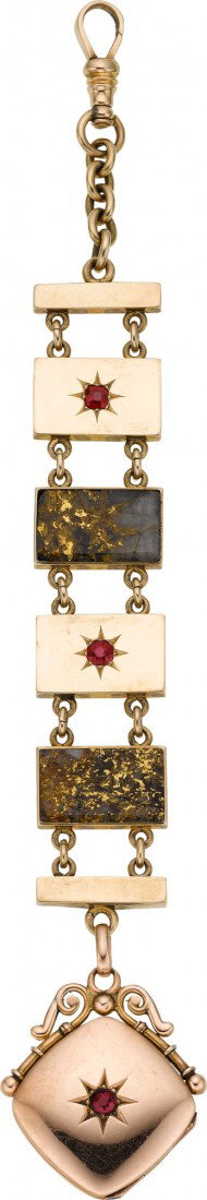 Gold Quartz & 14k Gold Watch Fob With Garnets : Gold Quartz & 14k Gold Watch Fob With Garnets Measures 7 1/8th inches, 14k swivel, bar lin