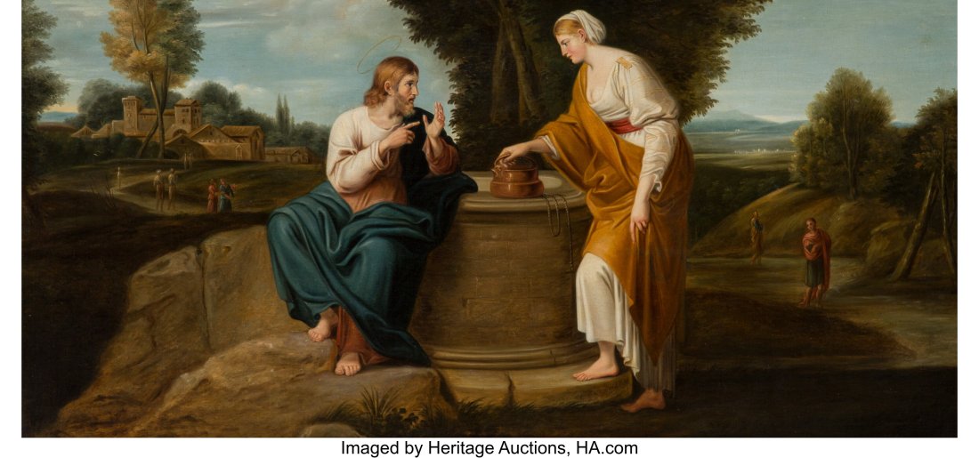 After Annibale Carracci (Italian, 1560-1609) Chr: After Annibale Carracci (Italian, 1560-1609) Christ and the Woman of Samaria Oil on canvas 35-1/2 x 72-3/4 inches (90.2 x 184.8 cm) PROVENANCE: &l