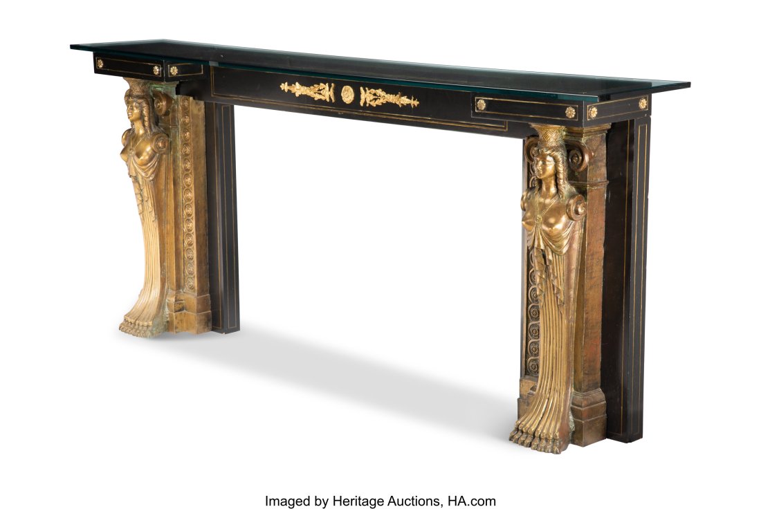 A Greek Revival Gilt Metal and Partial Gilt Wood: A Greek Revival Gilt Metal and Partial Gilt Wood Fireplace Surround or Console Table with Glass Top, 20th century 40 x 88-1/2 x 12 inches (101.6 x 224.8 x 30.5 cm&r