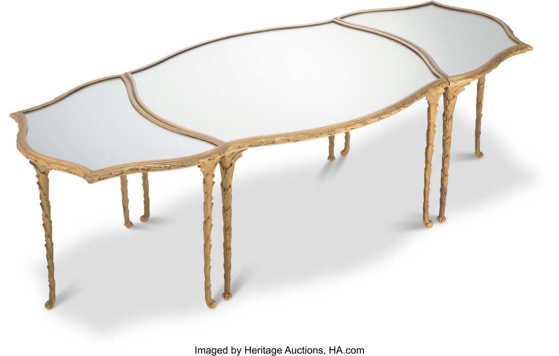A Three-Piece Fin-de-Siècle-Style Gilt Bronze M: A Three-Piece Fin-de-Siècle-Style Gilt Bronze Mirrored Surtout de Table, early 20th century and later 16-1/4 x 29 x 23-1/2 inches (41.3 x 73.7 x 59.7 cm&