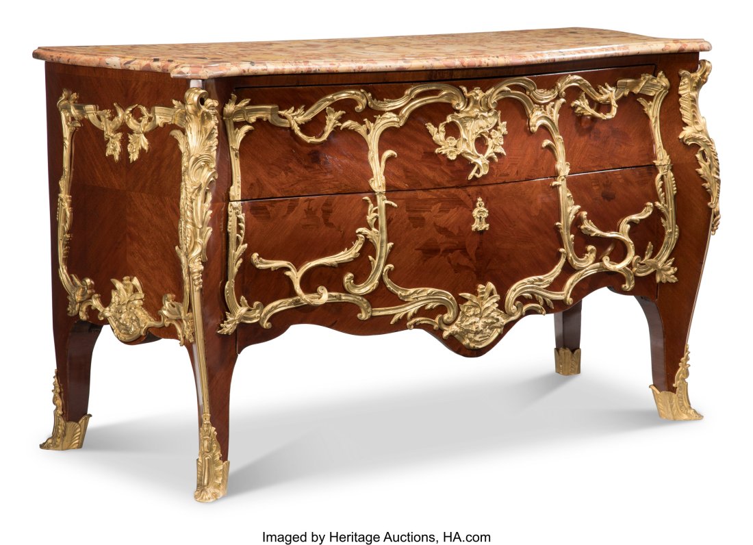A Louis XV-Style Gilt Bronze-Mounted Mahogany Bo: A Louis XV-Style Gilt Bronze-Mounted Mahogany Bombe Commode with Brèche d'Alep Marble Top, early 20th century 35 x 58-1/2 x 25 inches (88.9 x 148.6 x 63.5 cm