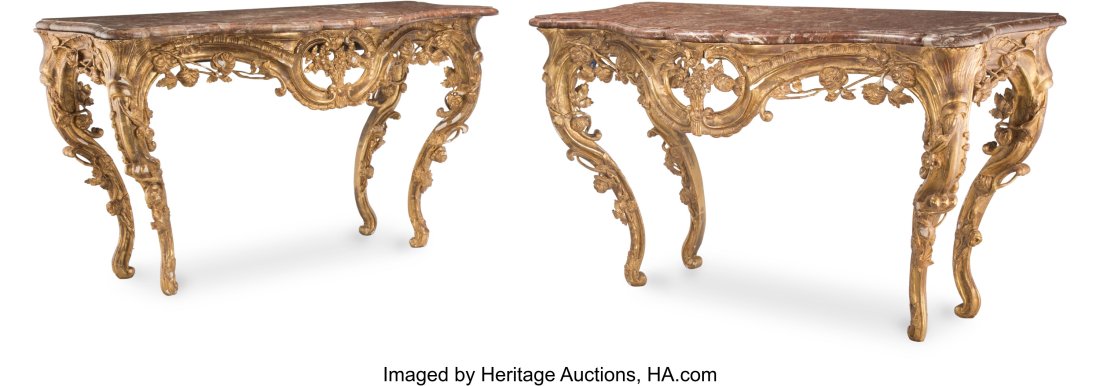 A Pair of Italian Baroque-Style Carved Giltwood : A Pair of Italian Baroque-Style Carved Giltwood Console Tables with Marble Tops, 20th century 34-3/4 x 56-1/2 x 27-1/2 inches (88.3 x 143.5 x 69.9 cm) 