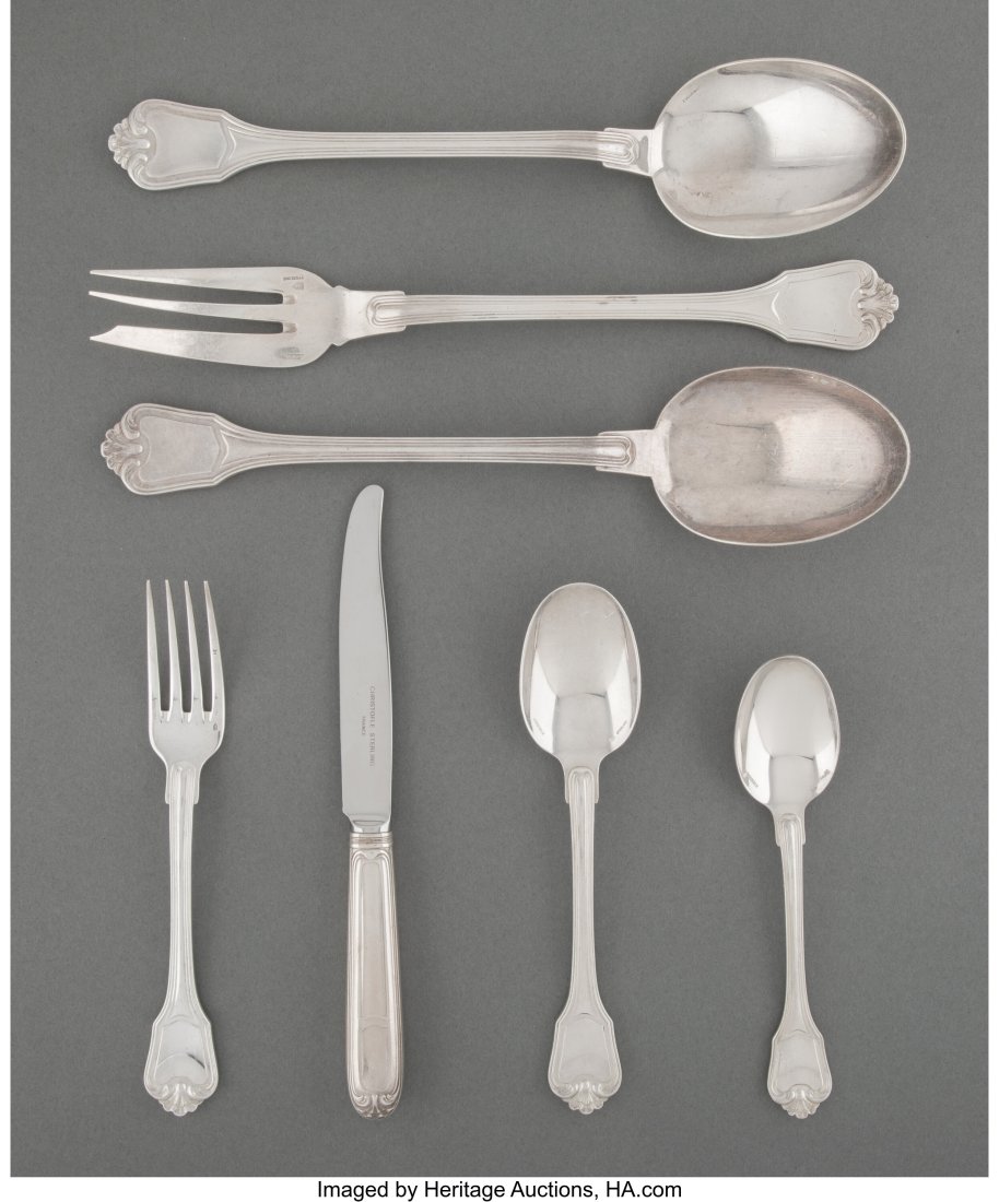 A Seventy-Nine-Piece Christofle Dupleix Pattern : A Seventy-Nine-Piece Christofle Dupleix Pattern Silver Luncheon Flatware Service for Eighteen, late 20th century Marks: STERLING, (O-weights-C), CRISTOFLE 9-3/4 x