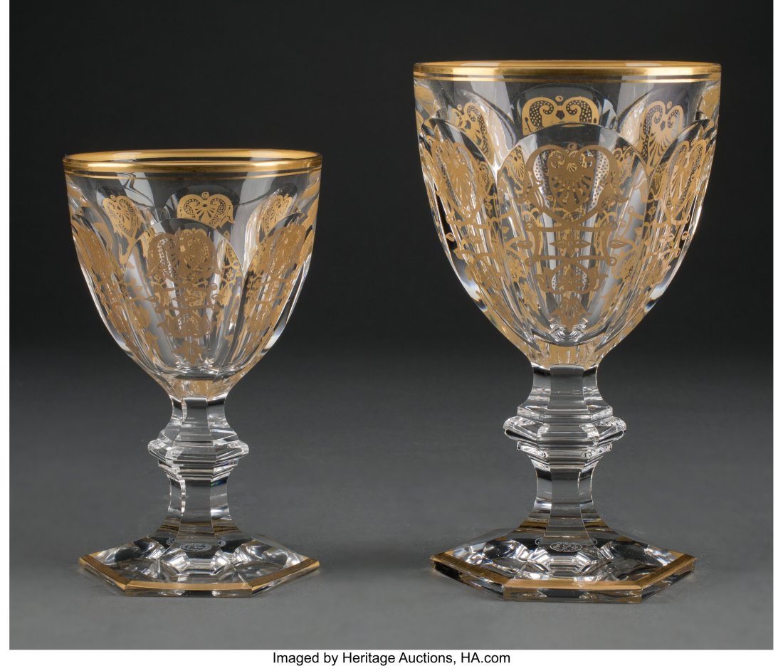 A Twenty-Eight-Piece Baccarat Empire Pattern Par: A Twenty-Eight-Piece Baccarat Empire Pattern Partial-Gilt Glass Stemware Service, 20th century Marks: BACCARAT, (goblet-decanter-cup), FRANCE 6-1/2 x 3-5/8 inches (16.5 x 9.2 cm) (tallest, water goble