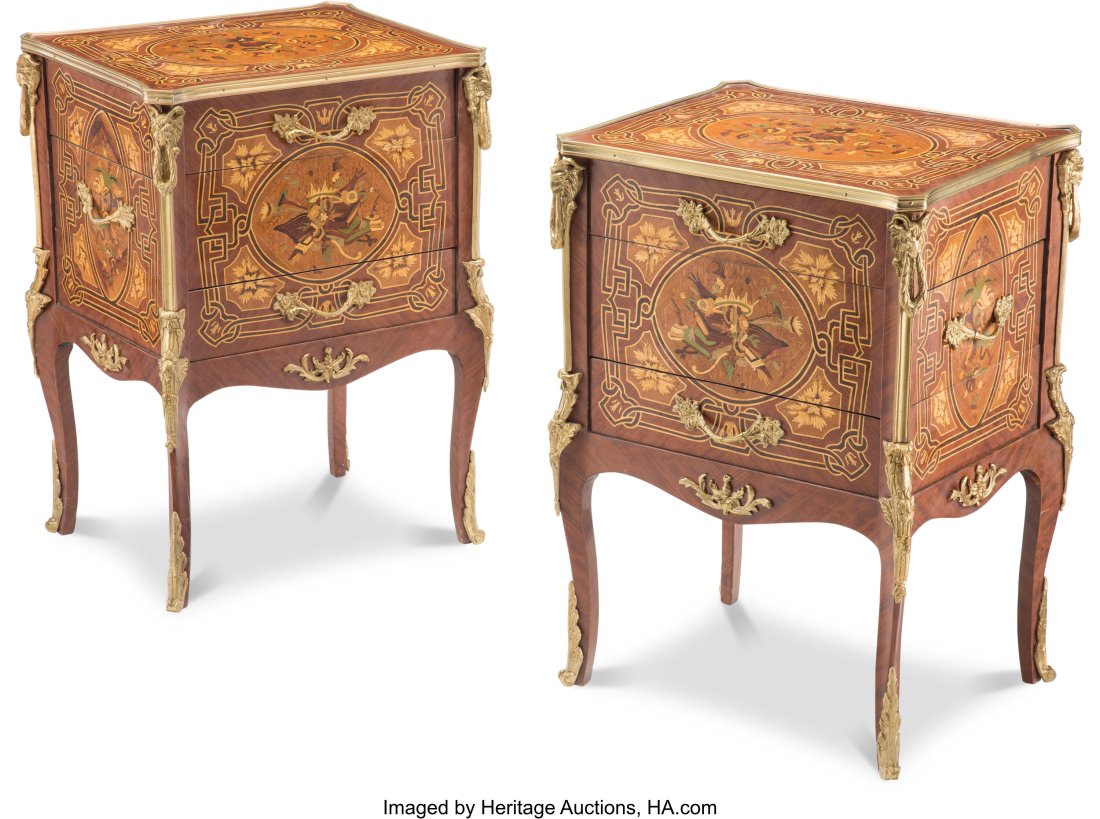 A Pair of Louis XV-Style Marquetry and Gilt Bron: A Pair of Louis XV-Style Marquetry and Gilt Bronze Petit Commodes 32 x 23 x 18 inches (81.3 x 58.4 x 45.7 cm) (each) Property from a Private North Texas Collec