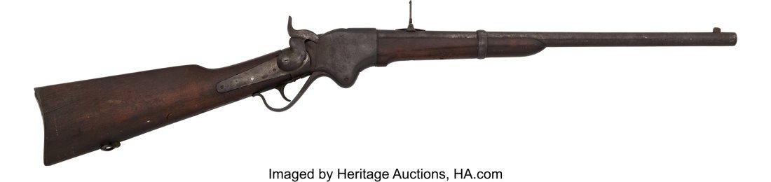 Civil War Spencer Repeating Arms Saddle Ring Car: Civil War Spencer Repeating Arms Saddle Ring Carbine. Serial no. 19660, .52 caliber, 22-inch barrel with fixed front sight and folding rear ladder sight. Blued