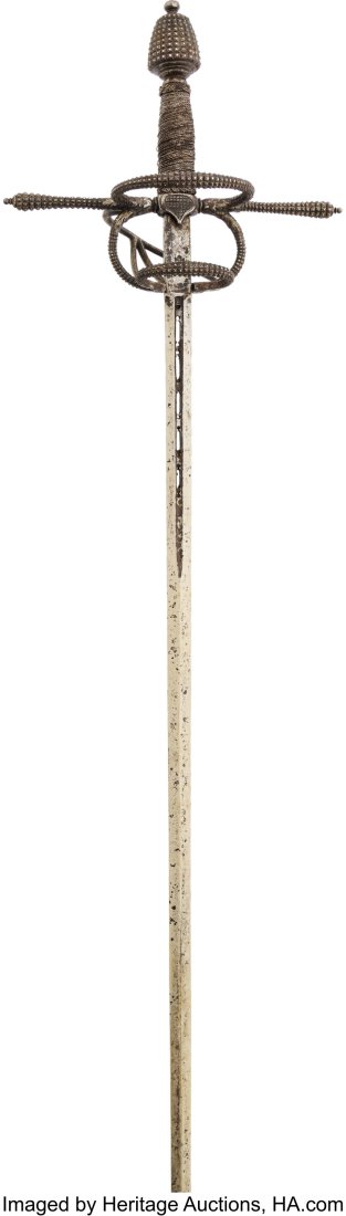 Studded European Rapier. Approximately 47-inch: Studded European Rapier. Approximately 47-inches overall with a 38-inch straight blade, pierced 8-inch single fuller, with armorers mark present near ricasso on both sides of blade&