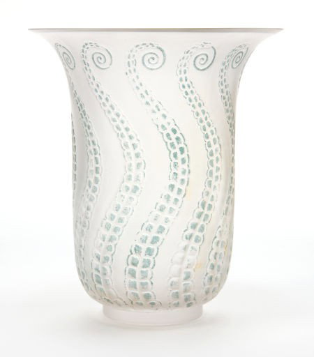 R. LALIQUE FROSTED GLASS MEDUSE VASE WITH BLUE P: R. LALIQUE FROSTED GLASS MEDUSE VASE WITH BLUE PATINA <