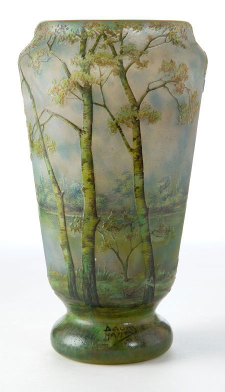 DAUM GLASS LANDSCAPE VASE Etched and enameled g: DAUM GLASS LANDSCAPE VASE Etched and enameled glass in spring landscape motif, circa