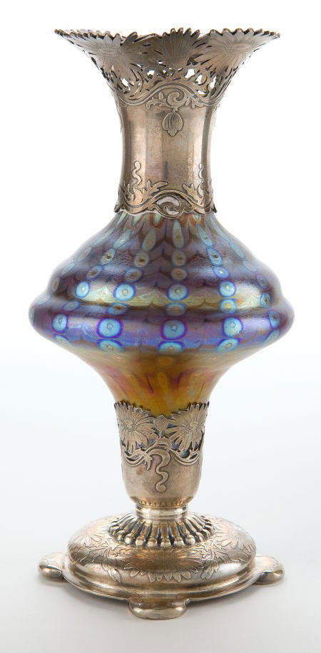 TIFFANY STUDIOS FAVRILE GLASS VASE WITH TIFFANY: TIFFANY STUDIOS FAVRILE GLASS VASE WITH TIFFANY & CO. SILVER MOUNTS Favrile glass vas