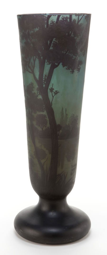 DAUM TALL GLASS LANDSCAPE VASE Green glass with: DAUM TALL GLASS LANDSCAPE VASE Green glass with black overlay, etched in evening lake