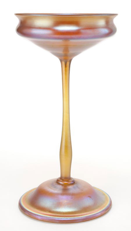 TIFFANY STUDIOS FAVRILE GLASS COUPE Tall stem g: TIFFANY STUDIOS FAVRILE GLASS COUPE Tall stem gold Favrile glass coupe on footed base