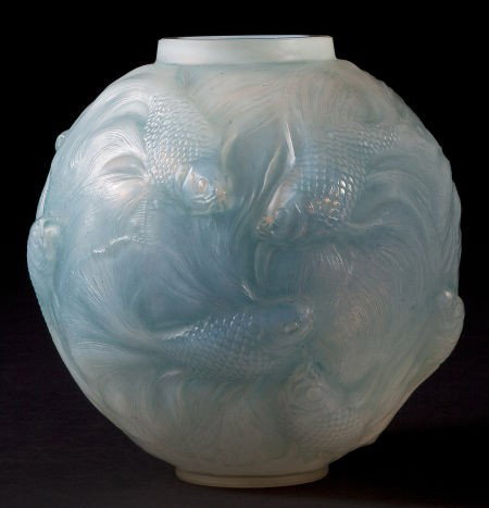 R. LALIQUE OPALESCENT CASED GLASS FORMOSE VASE W: R. LALIQUE OPALESCENT CASED GLASS FORMOSE VASE WITH BLUE PATINA&