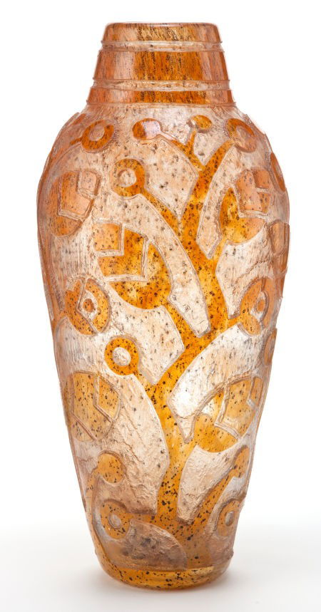 DAUM GLASS VASE Clear glass vase with orange ov: DAUM GLASS VASE Clear glass vase with orange overlay etched in an Art Deco tree patte