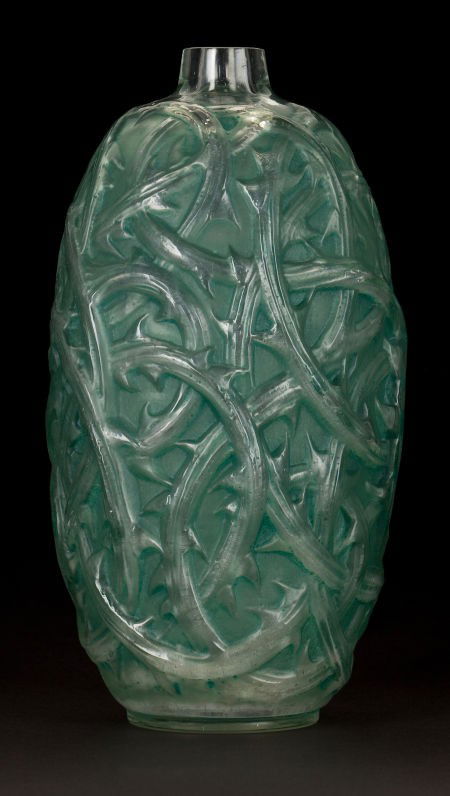 R. LALIQUE CLEAR AND FROSTED GLASS RONCES VASE W: R. LALIQUE CLEAR AND FROSTED GLASS RONCES VASE WITH GREEN PATINA