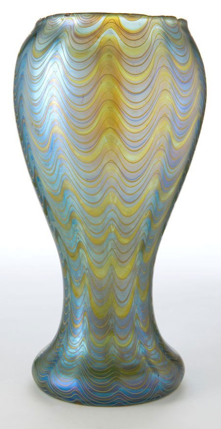 LOETZ GLASS VASE Blue iridescent glass with app: LOETZ GLASS VASE Blue iridescent glass with applied gilt wave motif, circa 1900Ma