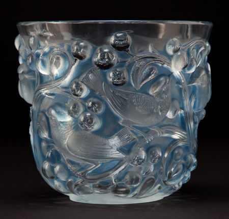 R. LALIQUE CLEAR AND FROSTED GLASS AVALLON VASE: R. LALIQUE CLEAR AND FROSTED GLASS AVALLON VASE WITH BLUE P