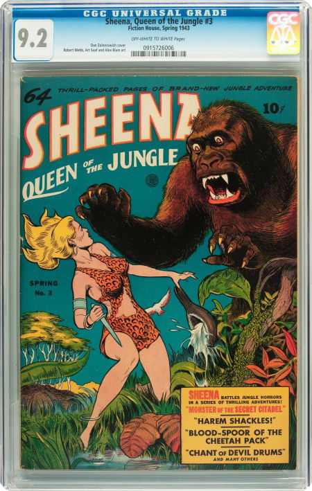 Sheena, Queen of the Jungle #3 (Fiction House, 1: Sheena, Queen of the Jungle #3 (Fiction House, 1943) CGC NM- 9.2 Off-white to white pages.&nbs