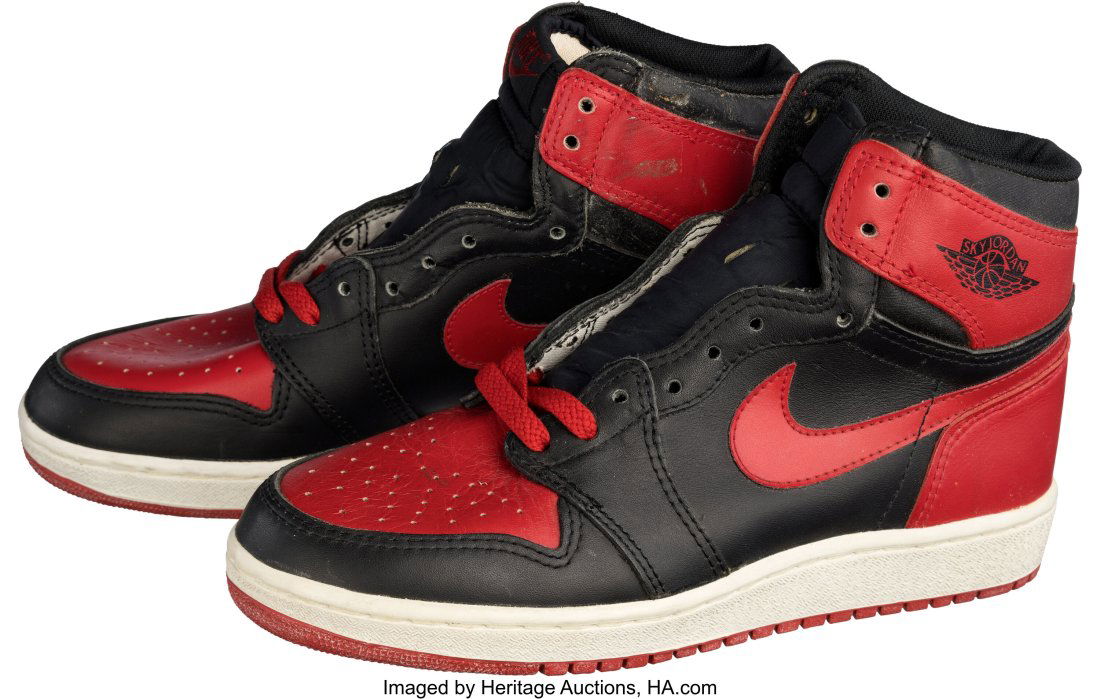 Nike Sky Jordan I "Breds" Sneakers with Original: Nike Sky Jordan I "Breds" Sneakers with Original Box (1985). Original size 6 Nike brand Air Jordan shoes were released in 1985 when Mike was turning the NBA world upside-down.