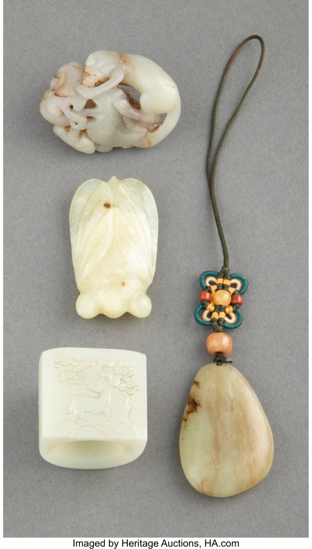 Four Chinese Carved Jade Articles 2 x 1-1/4 x 0-: Four Chinese Carved Jade Articles 2 x 1-1/4 x 0-1/2 inches (5.1 x 3.2 x 1.3 cm) (tallest, cicada pendant) HID03101062020 &NewL
