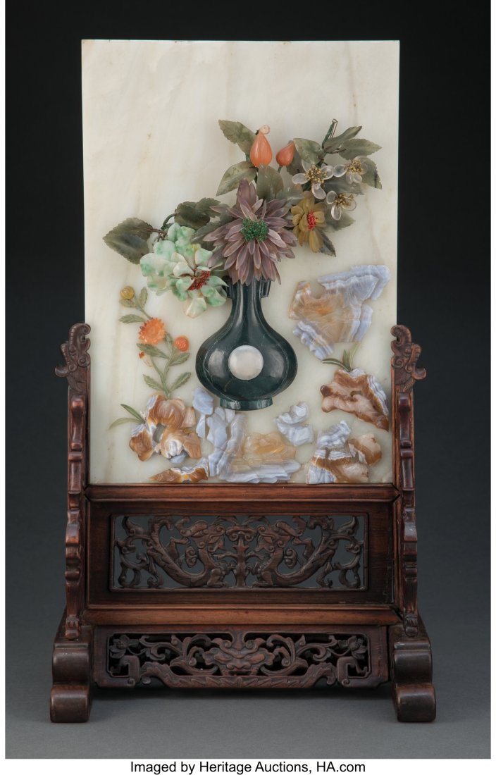 A Chinese Carved Jade and Hardstones Tablescreen (1 of 3)