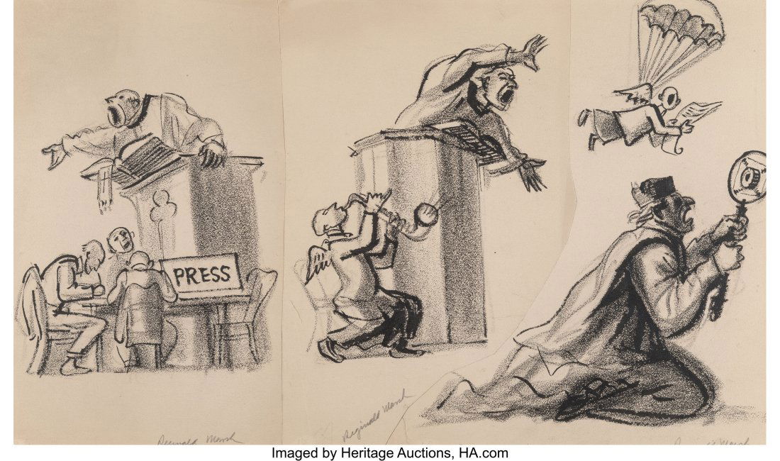 Reginald Marsh (1898-1954) Preacher and Press; P: Reginald Marsh (1898-1954) Preacher and Press; Preacher and Saxophone Player; and Preacher Broadcasting (triptych) Crayon on paper 11-1/8 x 19-3/8 inches (28