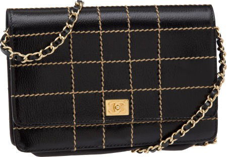 Chanel Black Patent Leather Bag with Beige Stitc: Chanel Black Patent Leather Bag with Beige Stitching and Gold Hardware Very Good Condition7.5" wi