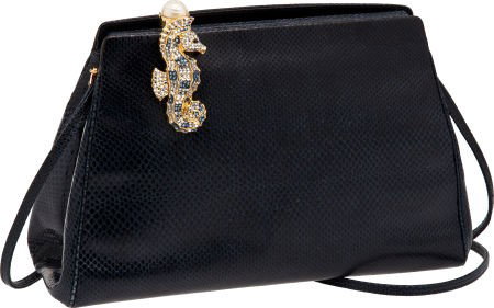 Judith Leiber Midnight Blue Lizard, Beaded Seaho: Judith Leiber Midnight Blue Lizard, Beaded Seahorse Closure Evening Bag Very Good Condition 9" wid