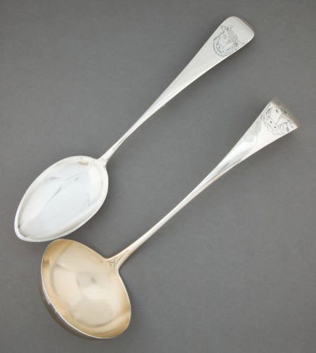 A KNOWLES SILVER SOUP LADLE AND SERVING SPOON J: A KNOWLES SILVER SOUP LADLE AND SERVING SPOON J.B. & S.M. Knowles, Providence, Rhode